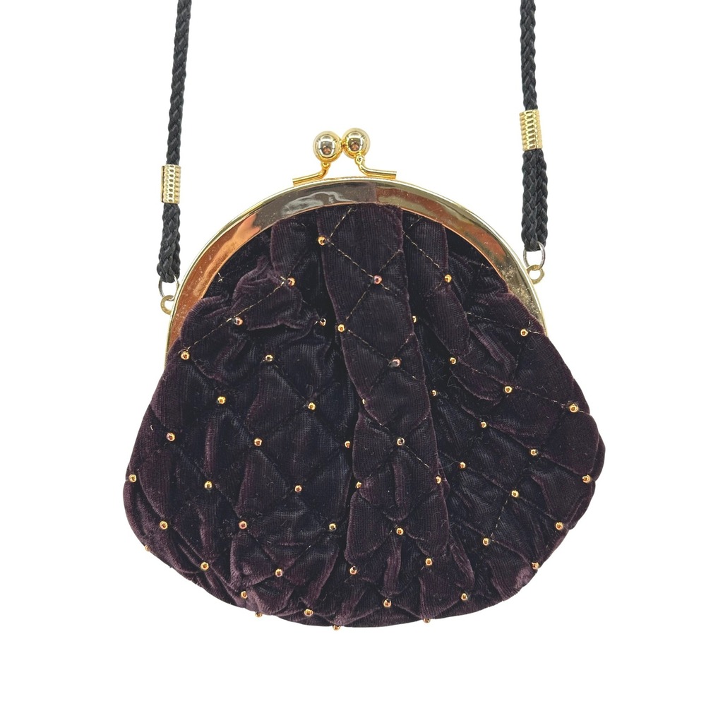 Velvet Quilted Kiss Lock Purse Evening Bag Whimsygoth Retro Women Dark Purple
